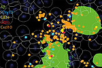 Spatial RNA expression of Cxcl10 (orange) in representative brain regions of a mouse model with an Alzheimer’s-like condition, located in proximity to amyloid plaques (green). 
