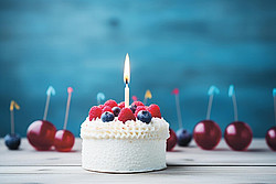 Kleine weiße Torte mit Kerze und Früchten ©pixabay