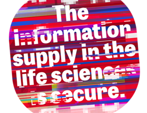 Bunt gestreiftes Logo mit der Aufschrift: "The information in the life science ist secure."