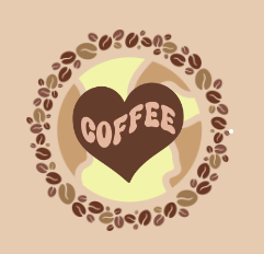 Ein Kranz aus Kaffeebohnen, mit einer Weltkarte im inneren in gelb. Darauf ein braunes Herz mit der Aufschrift "Coffee".