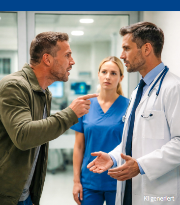 Arzt und Patient in einer angespannten Situation; der Patient macht eine Drohgeste in Richtung des Arztes. Im Hintergrund steht eine weibliche medizinische Kollegin.