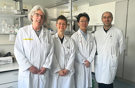 Vier Personen in weißen Laborkitteln stehen in einem Laborraum mit Schränken und Laborgeräten